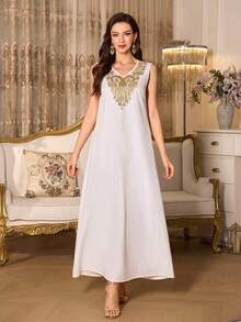 SHEIN Elenzya Set de 2 piezas de bata y vestido con estampado floral y ribete de encaje dorado para mujer - Multicolor - Ver 5