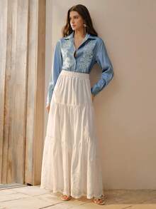 MOTF PREMIUM 女士蕾丝拼接刺绣多层荷叶边裙摆半身裙，浪漫时尚，春夏新品 - 白色 - 查看 5