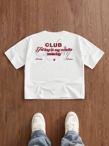 SWAVVY 男士白色常规版型纯棉T恤，半袖圆领，字母印花，街头时尚男士T恤，白色底红色图案，男士俱乐部街头服饰T恤，专业俱乐部衬衫，男士标语图案落肩T恤 - 白色 - 查看 5