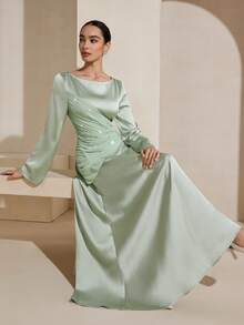 Graceveil Vestido elegante de estilo francés para mujer con cuello redondo, manga larga, volantes y decoración de rhinestones en color verde menta - Verde - Ver 8