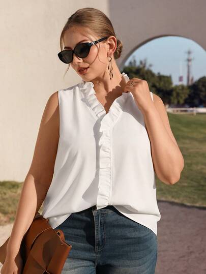 Juhart Plus Size Elegant Sleeveless Ruffle Hem Blouse For Women