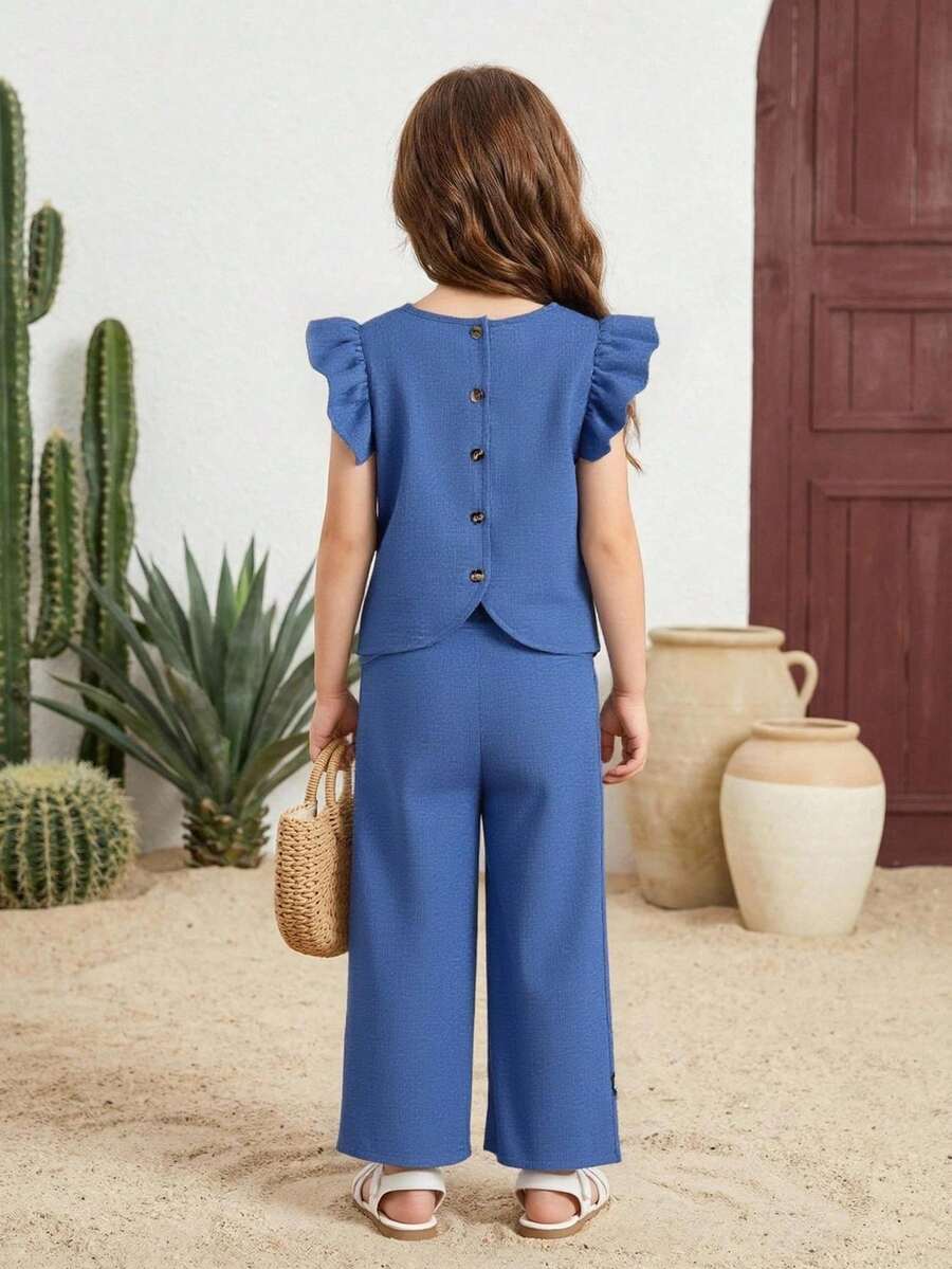 Elladie kids 少女纯色荷叶袖纽扣后背T恤和裤子套装 - 藍色 - 查看 1
