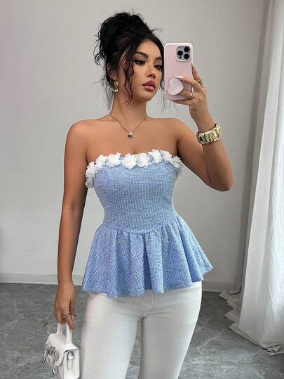 Elenzga Women's Elegant Fashion Commuter Casual Comfortable Charming Retro Minimalist High-End Romantic Holiday Sleeveless Bandeau Waist Flared Solid Color Blouse With 3D Floral Decor