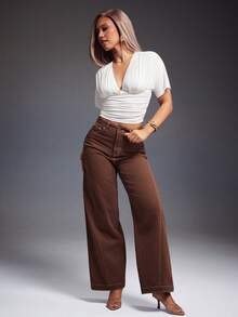 Denimoi Cinched Waist Ruched Butterfly Sleeve Top GNO Date Night Outfits Brunch Outfits Fashion Tops - White - View 4