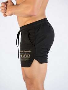 Manfinity Sport Corelite Men's Letter & Graphic Print Drawstring Waist Summer Sports Shorts Sweater Shorts Running Shorts - Black - View 3