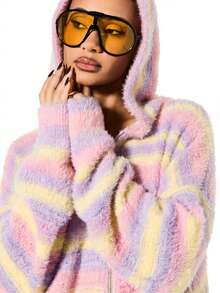 SUMWON WOMEN Áo khoác cardigan dáng rộng, mềm mại, có mũ trùm đầu và khóa kéo, họa tiết sọc ombre, ấm áp cho mùa thu đông. - Nhiều màu - Xem 6