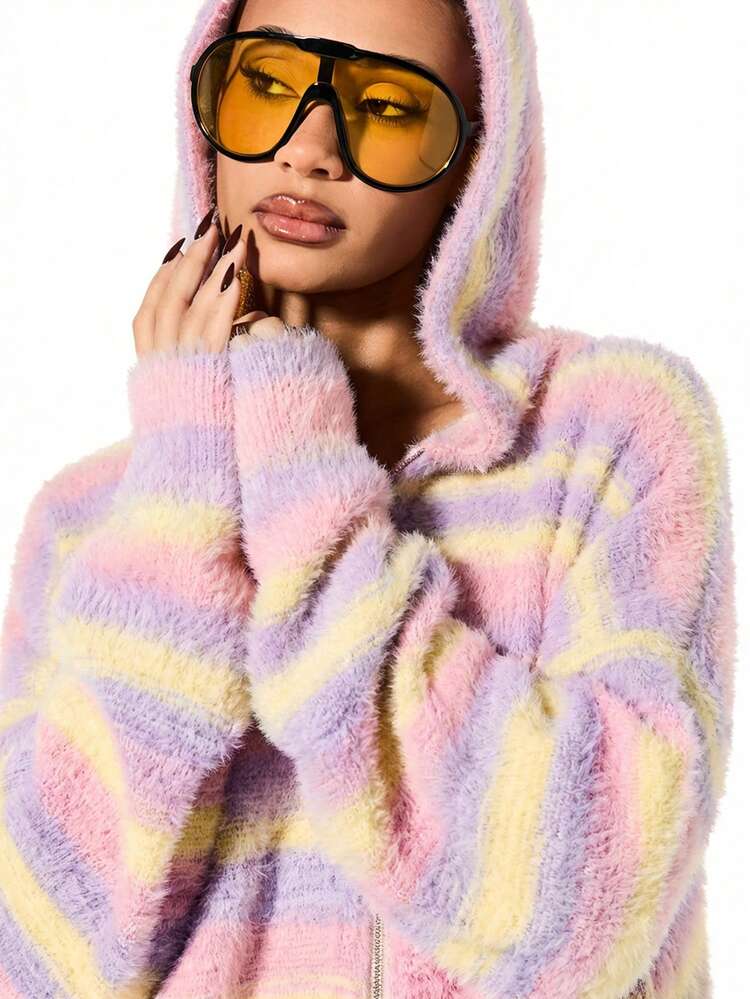SUMWON WOMEN Oversized Fluffy Striped Ombre Hoodie Cardigan