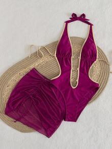 Swim Vcay Summer Vacation Sexy Fashion Tie-Dye Hollow Deep V-Neck One-Piece Swimsuit And Detachable Drawstring Mesh Cover-Up Skirt 2-Piece Swimsuit Set - Multicolor - View 7