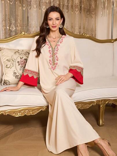 Elenzga Women Vintage Solid Patchwork Long Dress Fashion V Neck Long Sleeve With Floral Loose Fit Exotic Dress Party Dress Holiday