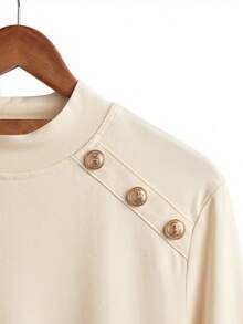 GlowEve 女士休闲简约立领肩部装饰纽扣纯色棉质杏色短袖T恤，适合居家、外出、叠穿，衣橱必备单品 - 杏色 - 查看 4