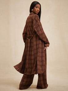 NYA SZN 女士时尚休闲/办公通勤格子印花落肩宽松长袖长衬衫和阔腿裤两件套 - 棕色 - 查看 2