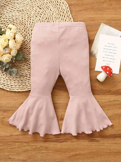 SHEIN 女婴可爱纯色罗纹弹力腰喇叭裤，春夏款
