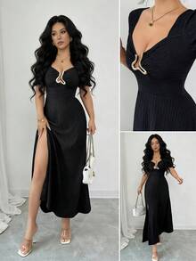 Rafferiza Đầm dài tay ngắn xẻ tà màu đen, thanh lịch, quyến rũ, gợi cảm, thích hợp cho tiệc tùng, thích hợp cho mùa xuân/hè. - màu đen - Xem 1