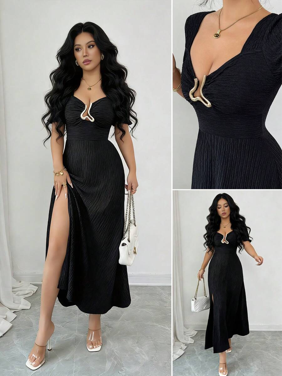 Rafferiza Đầm dài tay ngắn xẻ tà màu đen, thanh lịch, quyến rũ, gợi cảm, thích hợp cho tiệc tùng, thích hợp cho mùa xuân/hè. - màu đen - Xem 1