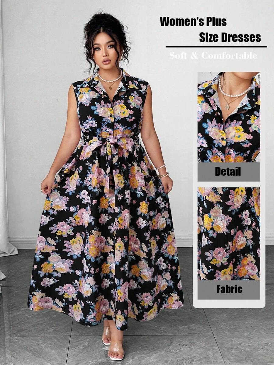 Elenzga Plus-Size Women's Holiday Summer Casual Print Dress - Black - View 1