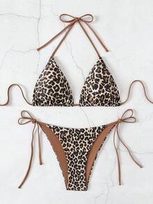 Swim Vcay 2pcs/Set Women's Sexy Random Leopard Print Spaghetti Strap Backless Side Tie Bikini Set Set, Spring/Summer 2026 - Multicolor - View 4