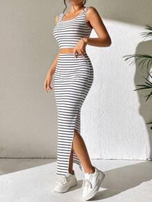Flirla Striped Print Tank Top & Split Hem Skirt - Black and White - View 6