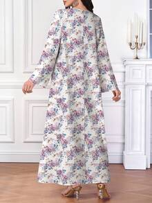 SHEIN Najma Floral & Print V-Neck Long Sleeve Maxi Dress, Elegant Arabic Style Women Dress, Spring/Summer - Multicolor - View 2