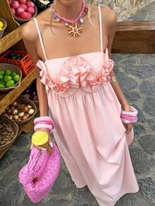 Selianne Pink Spaghetti Strap Ruffle Trim A-Line Dress - Baby Pink - View 3