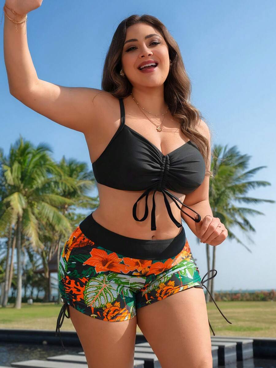 Swim Lushoire 2026新款热带植物印花拼接加大码女式泳衣套装，优雅泳衣上装+飘逸假日植物印花修身加大码女式泳衣套装 - 黑色 - 查看 1