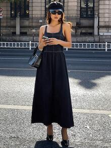 DAZY Vestido vaquero largo sin mangas y lavado casual para mujer - Azul - Ver 3