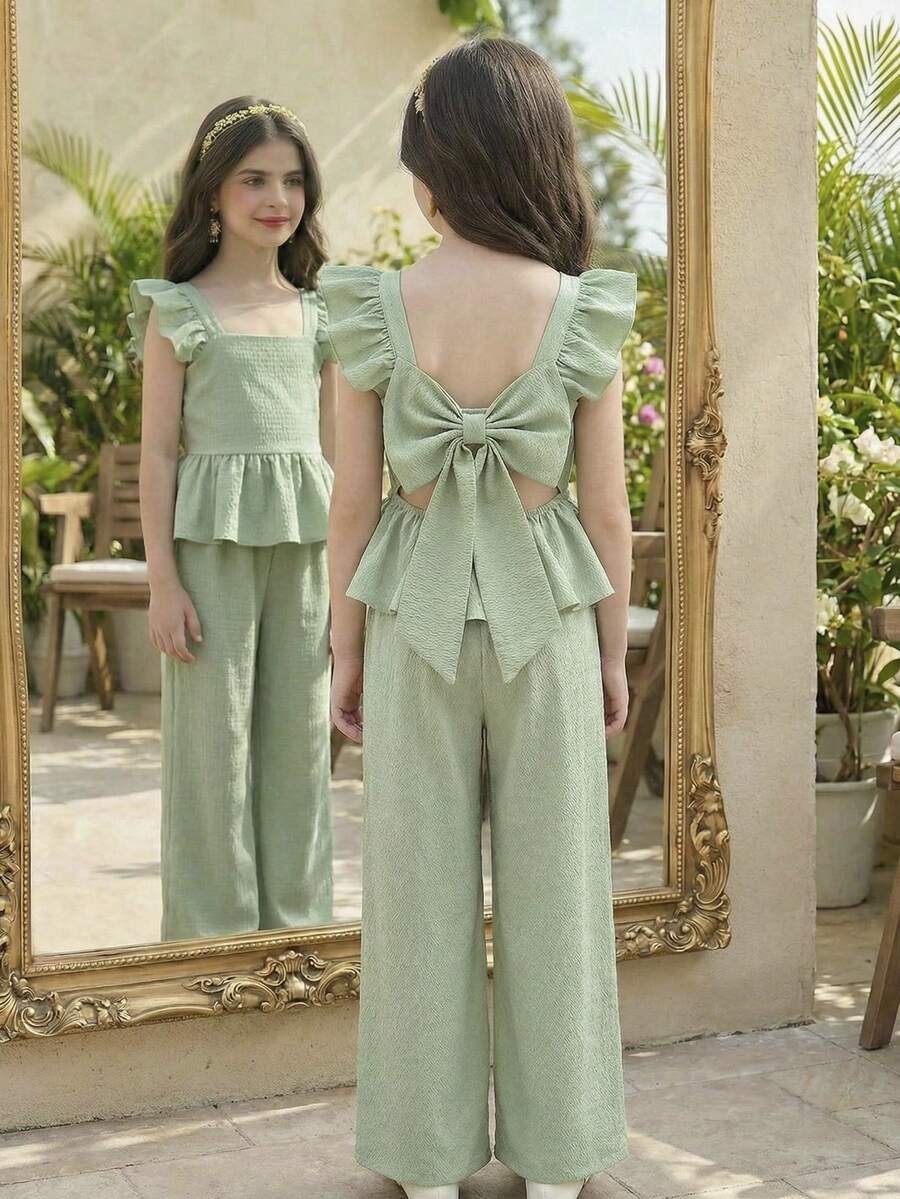 SHEIN Tween Girl Mint Green Textured Fabric Bowknot Back Ruffle Trim Shirt And Pants 2 Pieces Set - Mint Green - View 1