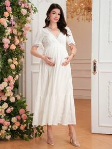 SHEIN 女士夏季度假几何纹理V领泡泡袖蕾丝边连衣裙，优雅孕妇装 - 白色 - 查看 7