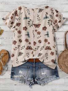 Linhara Plus Size Women Insect & Floral Print Round Neck Double Layer Ruffle Sleeve Loose Casual Everyday Blouse, Summer New - Multicolor - View 2