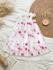 SHEIN 可爱优雅的女婴连衣裙，印花图案，喇叭裙摆，网纱罩面 - 白色 - 查看 4