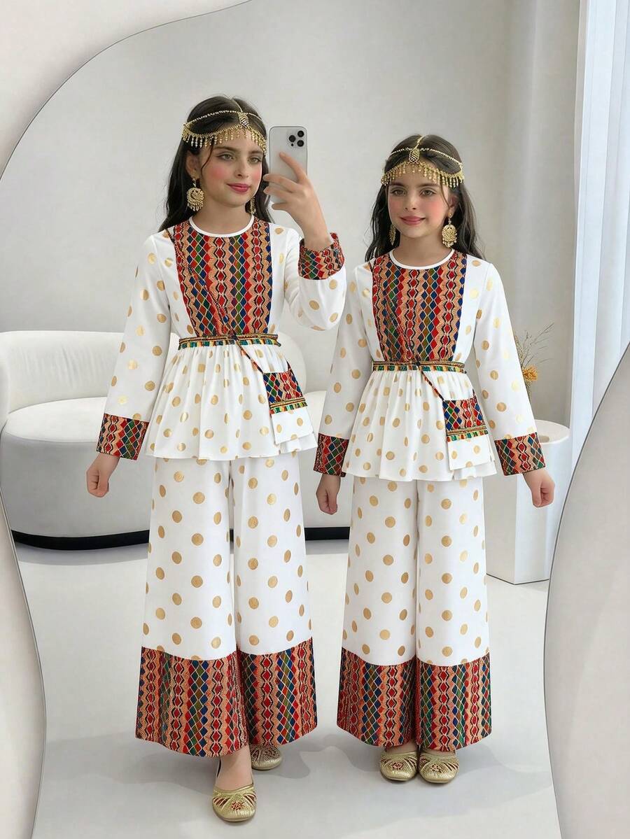 Tween Girl White Summer Boho Christening Shiny Smooth Fabric Top With Metallic Polka Dot & Colorblock Geometric Print,Paired With Wide Leg Pants Set - Multicolor - View 1