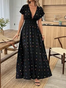 Louniche 标准尺码女士休闲度假长裙，蝙蝠袖设计，A字收腰款式，彩色爱心印花 - 黑色 - 查看 3