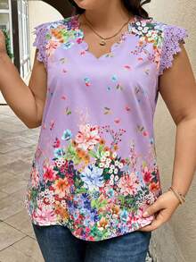 SHEIN Clasi 夏季大码女式印花蕾丝拼接荷叶袖衬衫，弧形下摆，V领设计 - 紫丁香色 - 查看 3