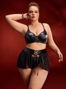 SHEIN 3pcs Women Black PU Leather & Mesh Patchwork Lingerie Set: Bra, Waist Cincher, Panty - Black - View 5