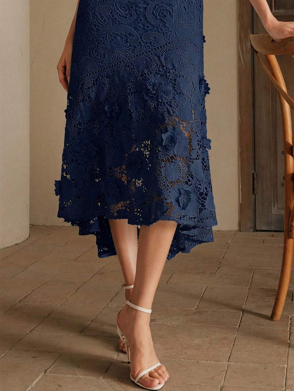 Anewsta Women's Elegant Round Neck Lace Hollow-Out Patchwork Dress, Spring/Summer Navy Blue For Women Midi Sleeveless Day Party