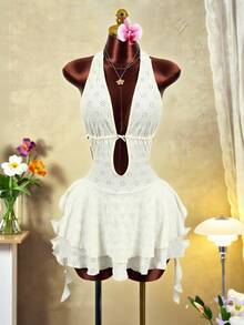 Mistrie فستان قصير للنساء بلون أحادي، بياقة حلقية، بدون أكمام، مفرغ، مكسر، مطرز - لون مشمشي - مشاهدة 3