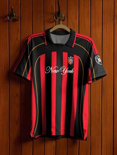 Aesthetic Post Camiseta polo de manga corta con cuello polo, estampado de Nueva York, de corte holgado y estilo deportivo, camisa polo de manga corta a rayas rojas y negras con estilo retro americano para hombre