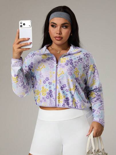 Rhythm Era Chaqueta deportiva con cremallera y estampado floral de manga larga para mujer de talla grande