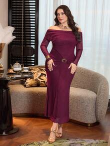 Modelyn Đầm cỡ lớn màu đỏ tía bằng vải lưới, trễ vai, xếp ly, trang trí khóa kim loại, thanh lịch, thích hợp cho đi chơi và hẹn hò. - Màu Đỏ Sâu - Xem 9