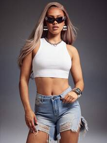 Denimoi Distressed Denim Shorts Fashionable Streetwear Vacation Outfits Casual Outfits - Light Wash - View 1