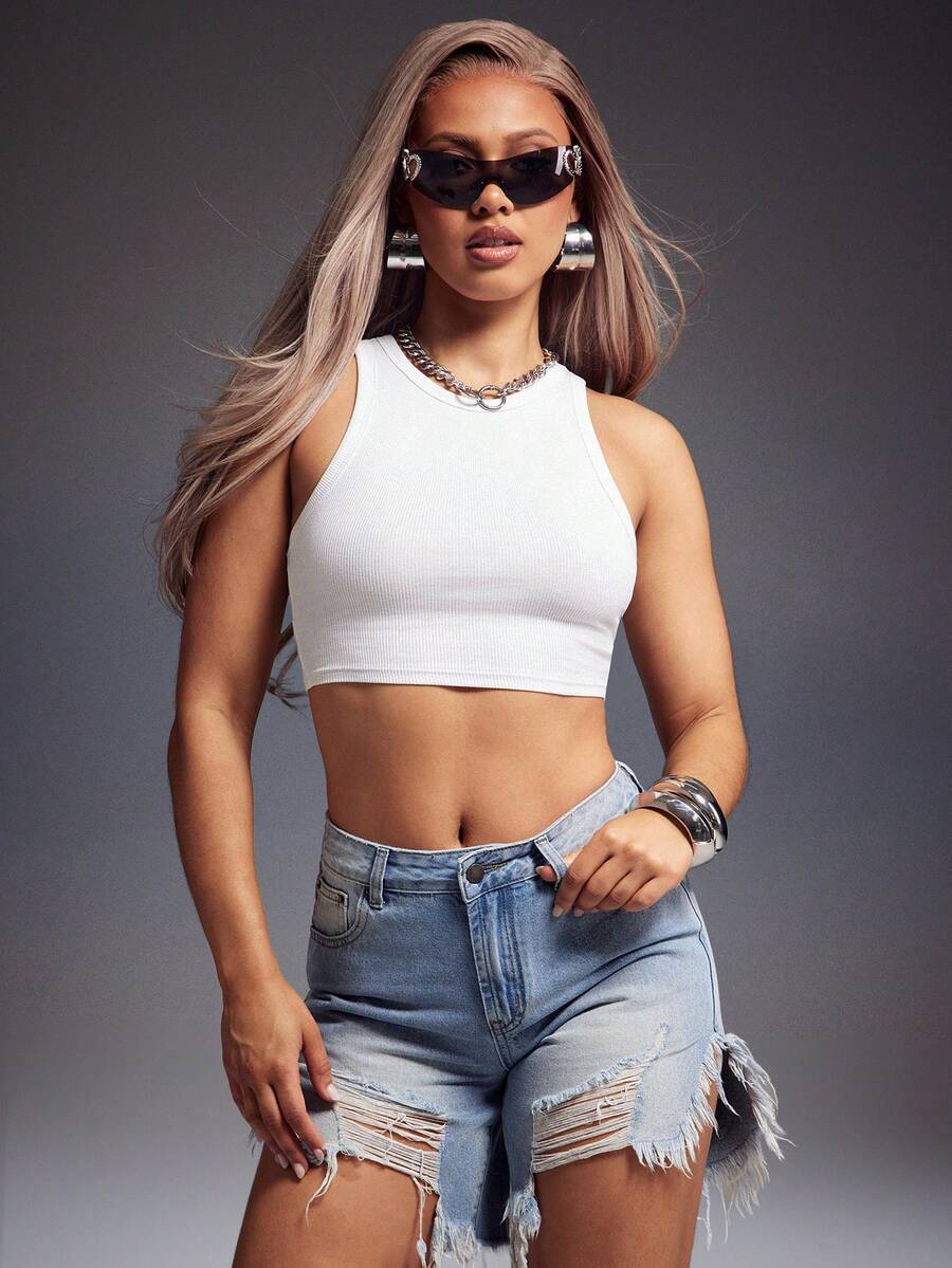 Denimoi Distressed Denim Shorts Fashionable Streetwear Vacation Outfits Casual Outfits - Light Wash - View 1