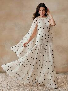 Anewsta Women's Long Polka Dot Flared Hem Dress, Versatile & Elegant Cocktail Gown - Beige - View 5