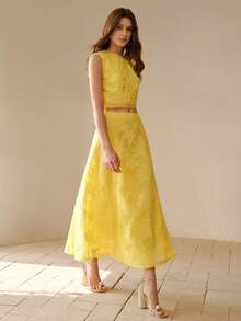 MOTF PREMIUM WOMEN'S HIGH WAIST LOOSE A-LINE HOLLOW OUT EMBROIDERY SKIRT, ELEGANT AND SLIMMING, SUMMER - Yellow - View 2