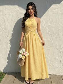 Elenzga Women's Solid Color Spaghetti Strap Cinched Waist A-Line Dress,Textured Fabric,Knee-Length,Yellow,Summer,Tropical,Garden Party,Vacation,Simple Design - Yellow - View 3