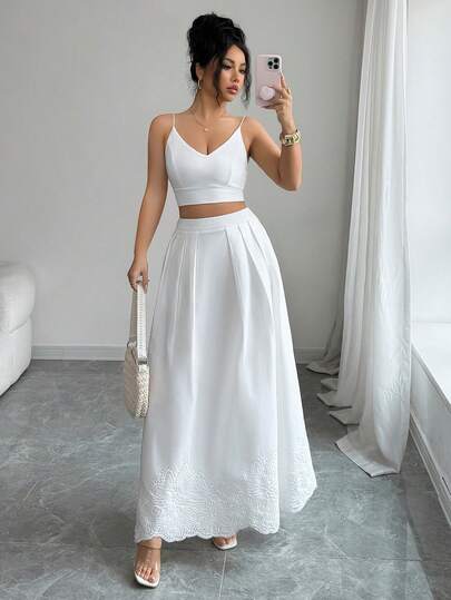 SHEIN Raffinéa 여성 봄/여름 신상 자수 원단 허리 플레어 스커트