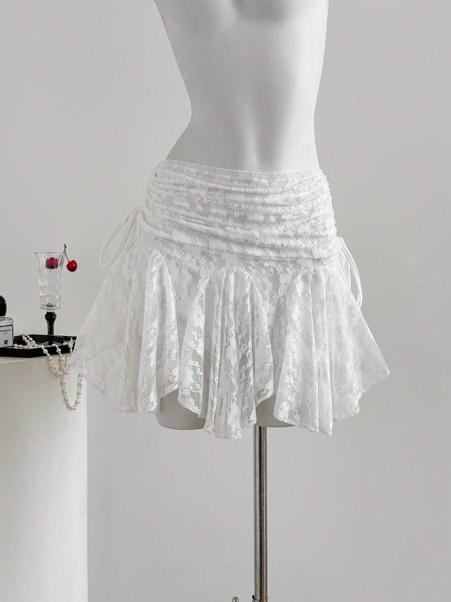 Sweetra 优雅蕾丝褶裥设计法式风情优雅春季新款不对称下摆女裙 - 白色 - 查看 1