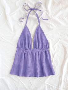 SHEIN PETITE CURVE 休闲V领系带露背纹理面料红色背心 - 紫色 - 查看 2