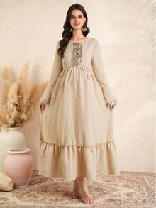 Momance Women's Solid Color Open Front Long Elegant Dress With Pearl Ribbon And Button Decor, Maternity Friendly - Apricot - View 8