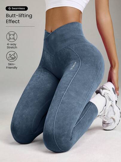 Core Rhythm Mallas deportivas de yoga de alta elasticidad sin costuras con cintura cruzada y efecto lavado