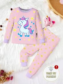 Set Piyama 2 Potong untuk Anak Perempuan: Atasan Lengan Panjang dan Celana Rajut Warna Blok Motif Unicorn & Bintang yang Bercahaya dalam Gelap - MultiWarna - View 5