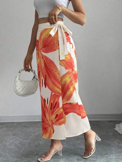 Elenzga Women's Floral Print Knotted Elegant & Fashionable Skirt